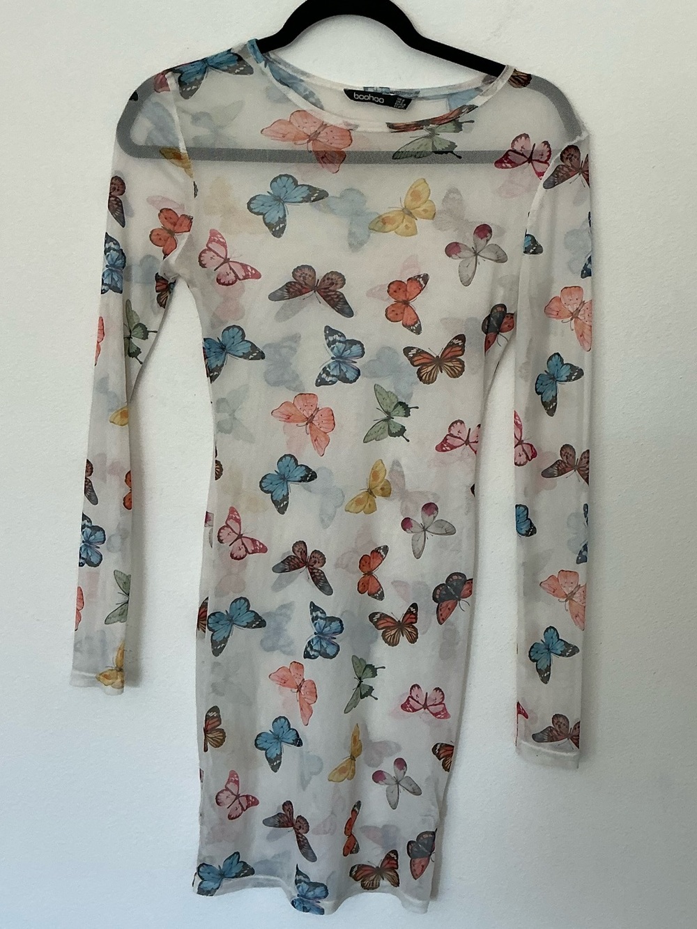Boohoo Butterfly Print Sheer Mesh Bodycon Dress Long Sleeve Y2K Fairycore Size 2